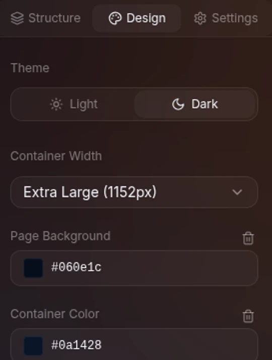 panel Design: pilihan Theme dan Container Width