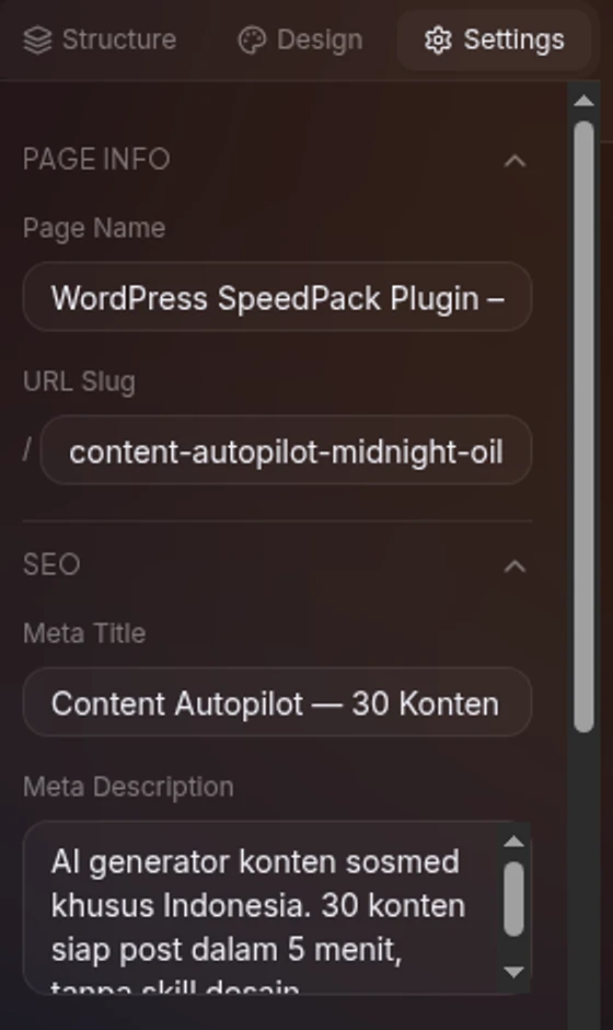 panel Settings dengan accordion SEO terbuka