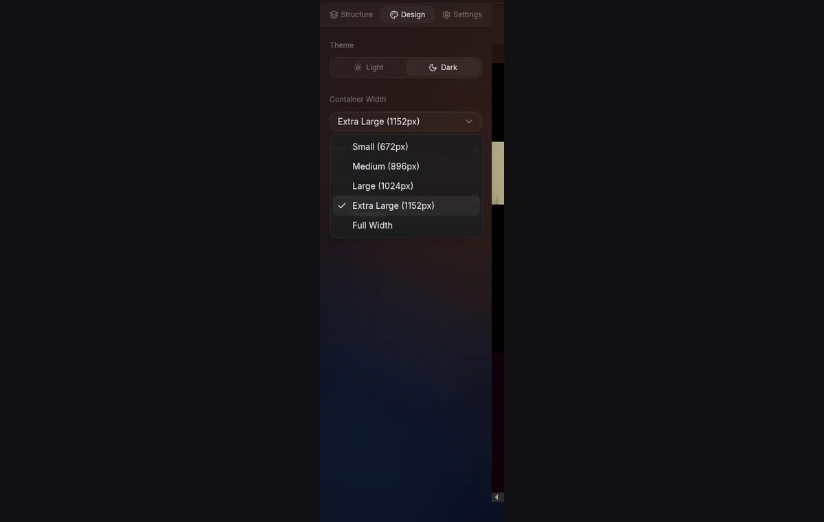 dropdown Container Width di Design tab — opsi: Small, Medium, Large, Extra Large, Full Width