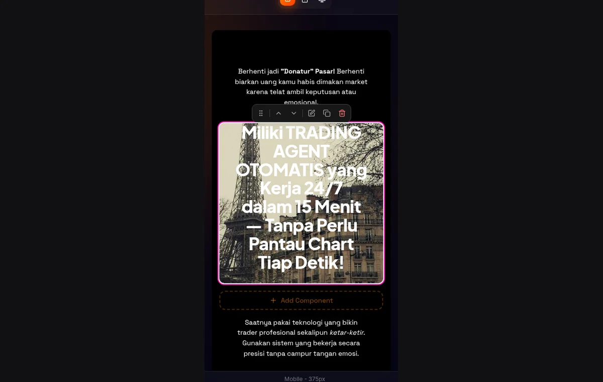 kanvas mobile view menampilkan hero dengan gambar di atas dan text+CTA di bawah — berbeda dari desktop view