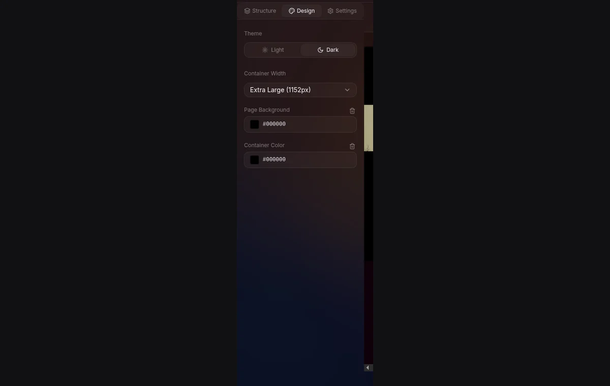 panel kiri tab Design — Theme Mode toggle (Light/Dark/Custom), lalu color tokens, font pair, container width