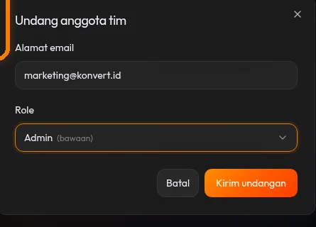 Modal invite anggota field email dan dropdown role