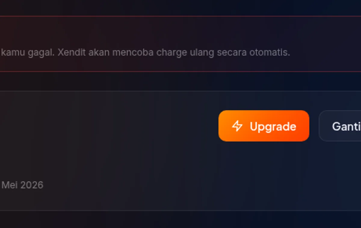 Card Paket Saat Ini dengan status Past Due — tanggal perpanjangan, tombol Upgrade dan Batalkan visible