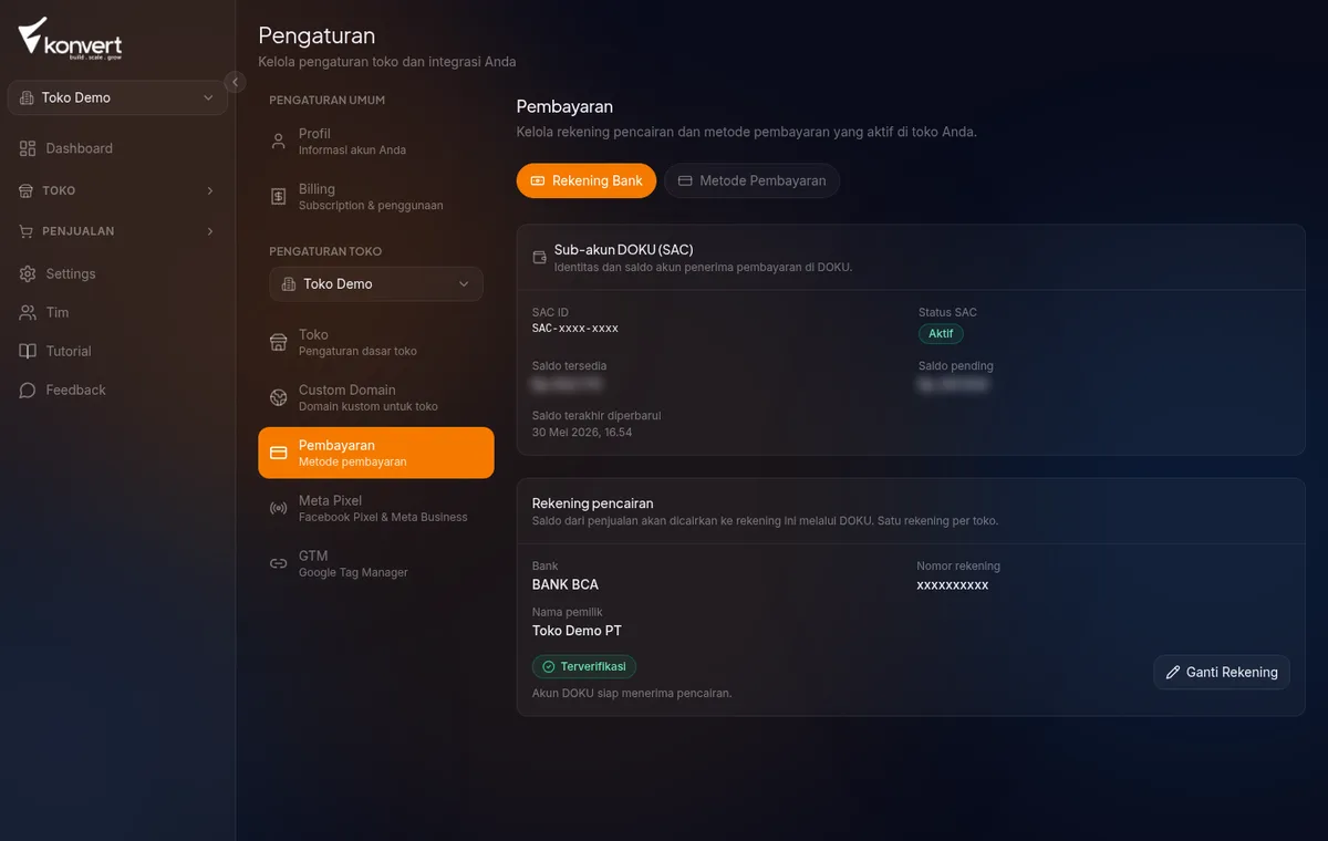 Halaman Settings → Pembayaran menampilkan card Rekening pencairan dengan badge status verifikasi