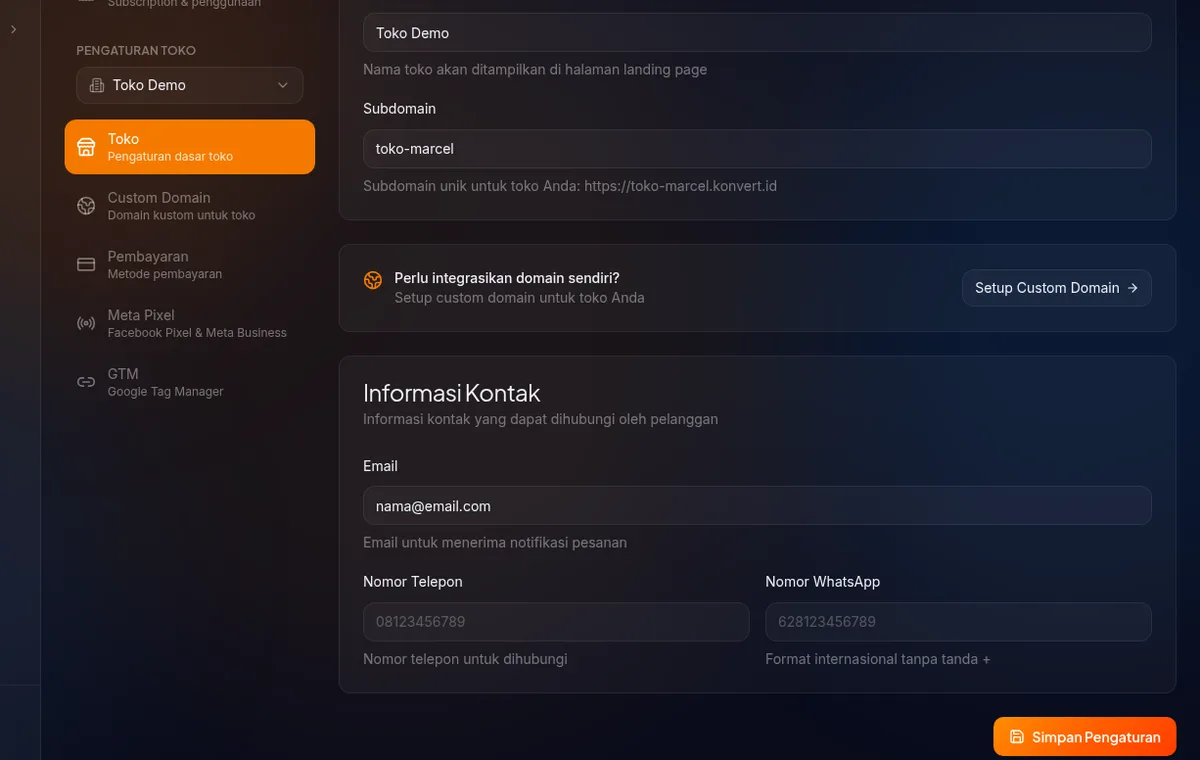 Card Informasi Kontak — field Email, Nomor Telepon, dan Nomor WhatsApp