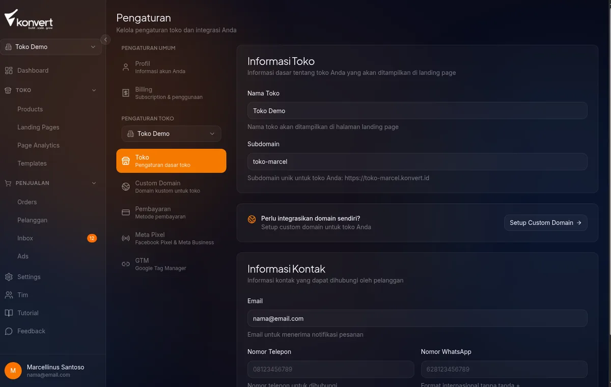 Card Informasi Toko — field Nama Toko dan Subdomain