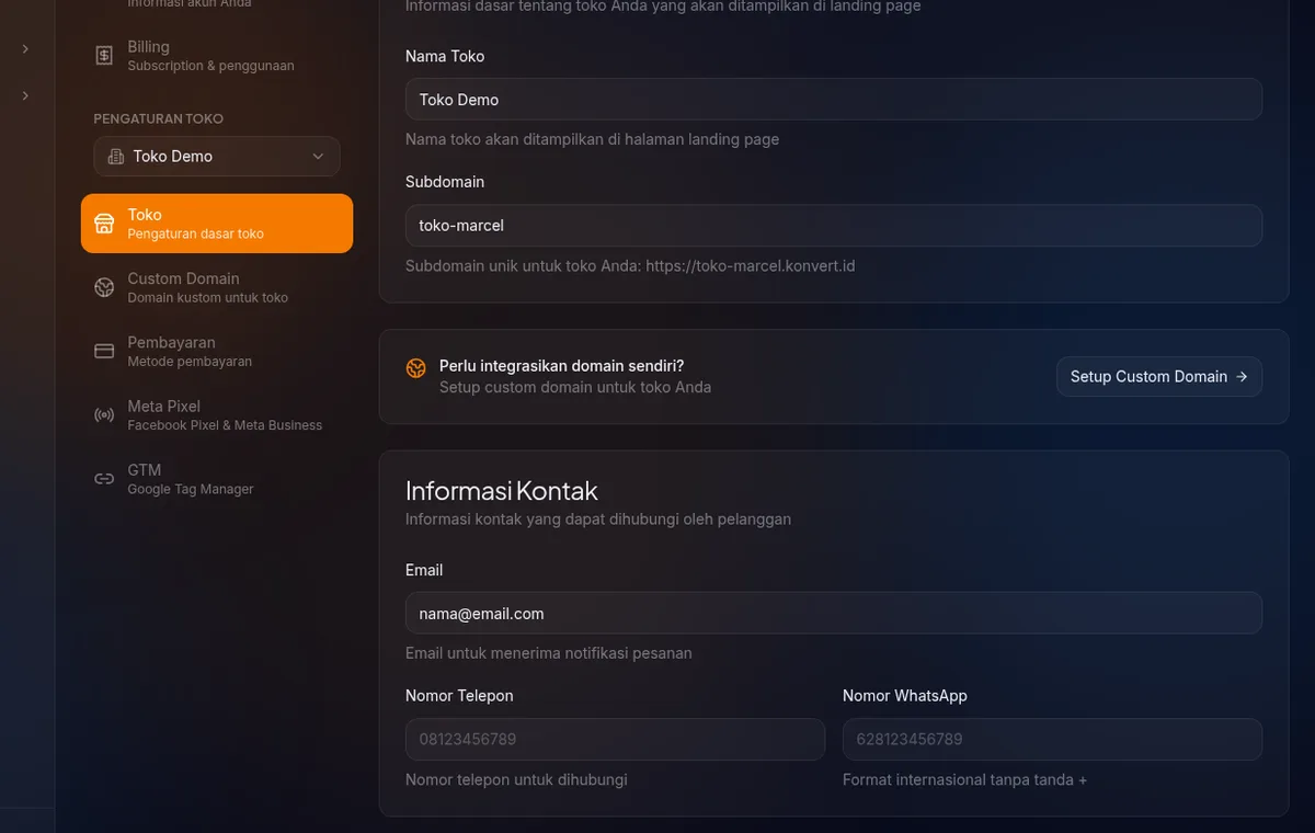 Halaman /settings/store — card Informasi Toko (Nama Toko, Subdomain) dan card Informasi Kontak (Email, Nomor Telepon, Nomor WhatsApp), tombol Simpan Pengaturan di pojok kanan bawah