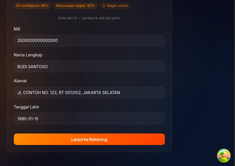 wizard step 1 form identitas — form NIK, Nama Lengkap, Alamat, dan Tanggal Lahir yang sudah terisi oleh AI, dengan badge kecocokan wajah