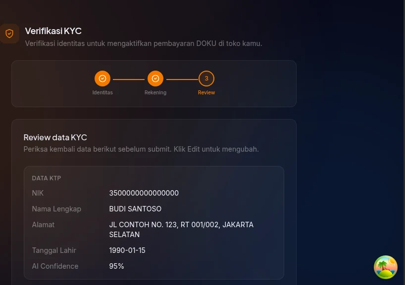 wizard step 3 review — ringkasan data KTP, selfie, dan rekening bank, dengan tombol "Submit KYC" di bagian bawah